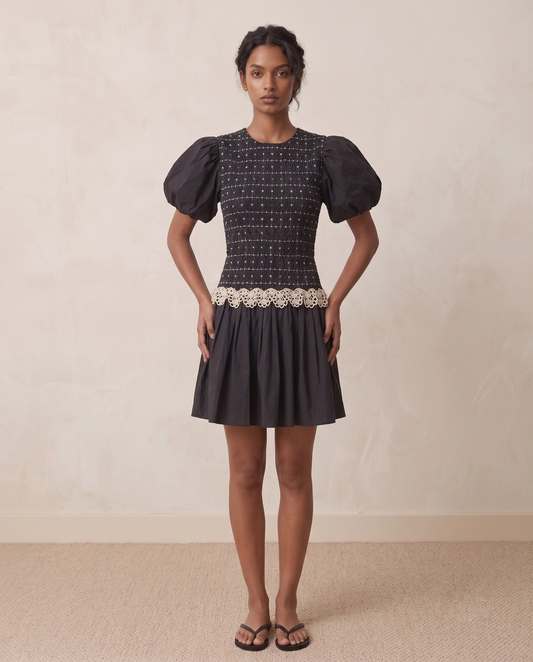 Damson Madder | Audrey Mini Dress - Black Organic Cotton