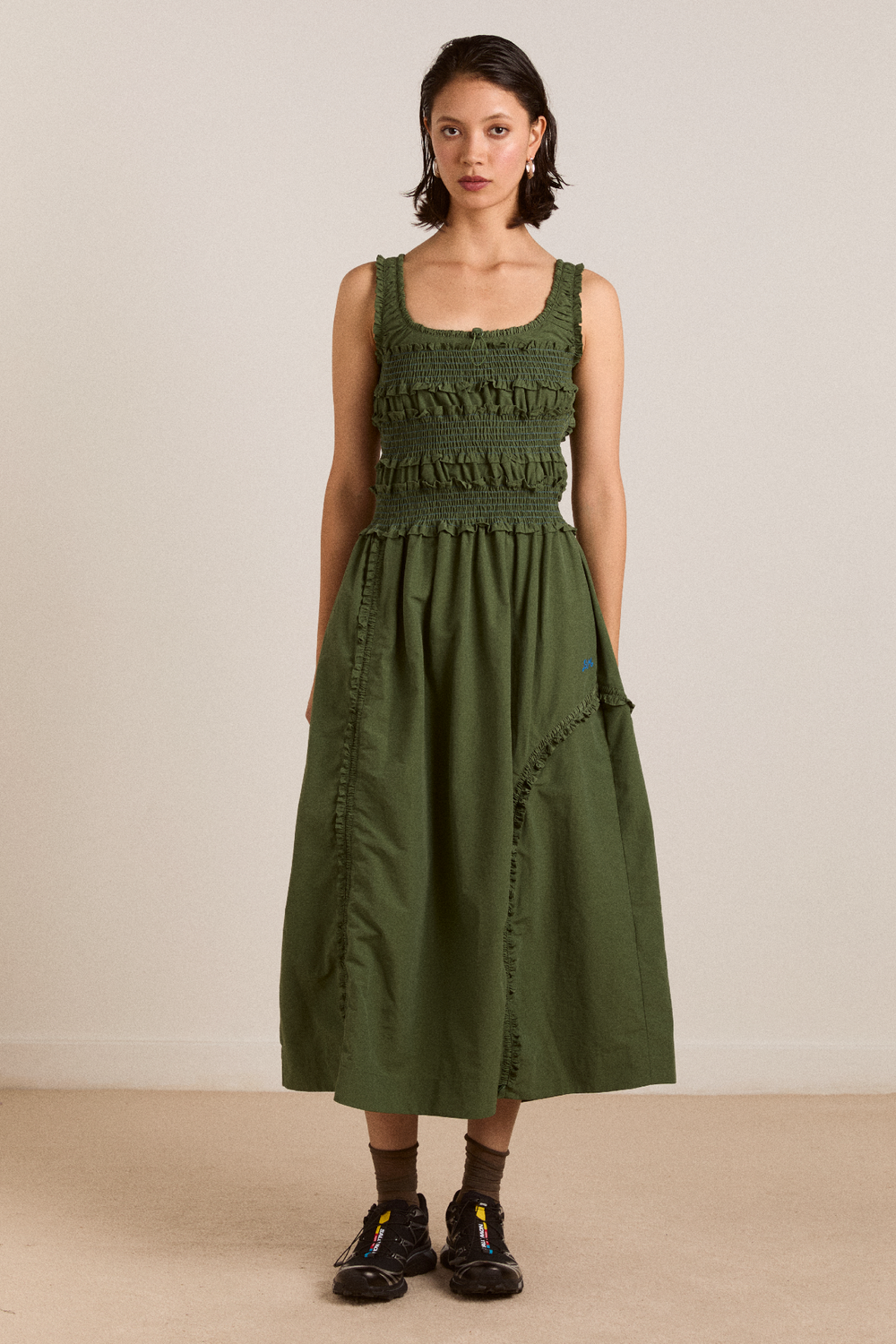 DAMSON MADDER | Cynthia Midi Dress in Olive - Shirred Bodice & Adjustable Hem