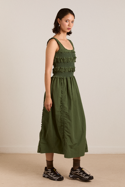 DAMSON MADDER | Cynthia Midi Dress in Olive - Shirred Bodice & Adjustable Hem