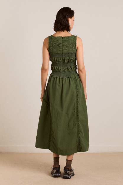 DAMSON MADDER | Cynthia Midi Dress in Olive - Shirred Bodice & Adjustable Hem