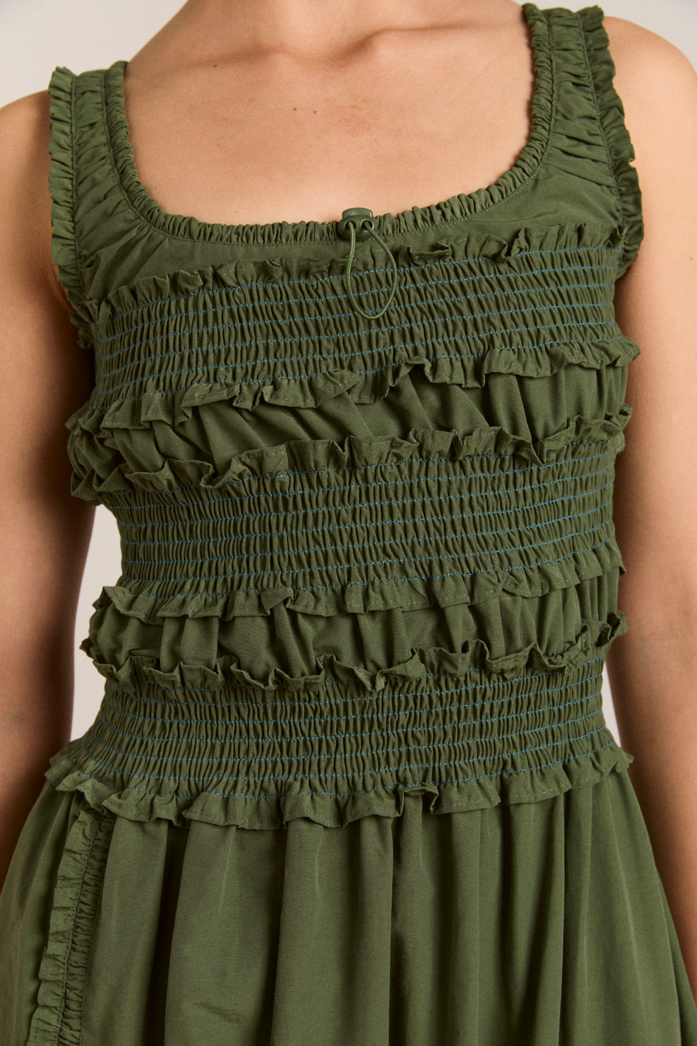 DAMSON MADDER | Cynthia Midi Dress in Olive - Shirred Bodice & Adjustable Hem