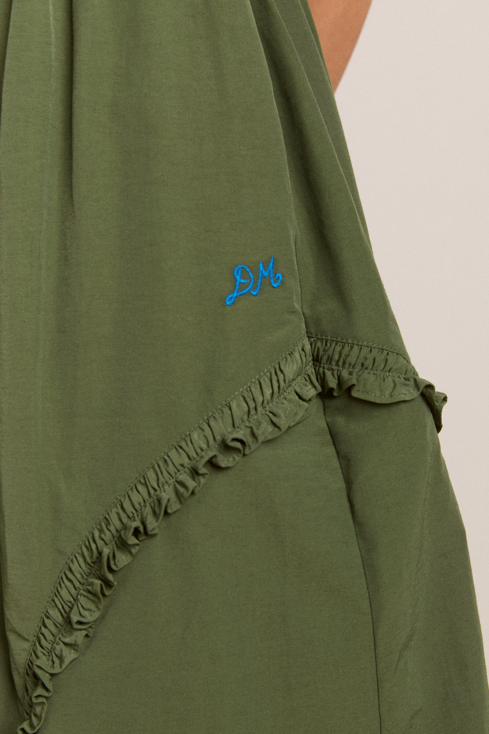 DAMSON MADDER | Cynthia Midi Dress in Olive - Shirred Bodice & Adjustable Hem