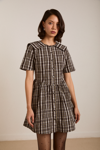 Damson Madder | Miley Mini Dress - Yellow Check Taffeta