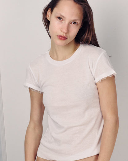 DE Base | Poly T-shirt with Ruffle Sleeve Trim - White