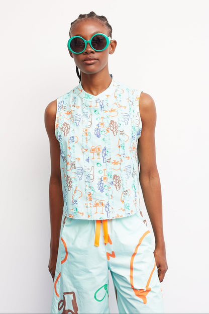 DR BLOOM | Focaccia Veggie Blouse - Oversized Collar in Aqua