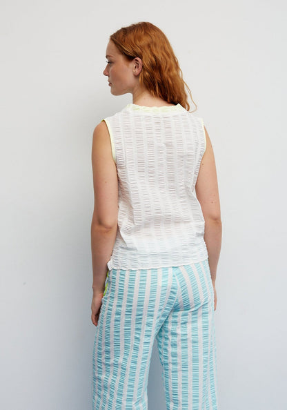 DR BLOOM | Blouse Menta Rayas - White with Neon Yellow Bow