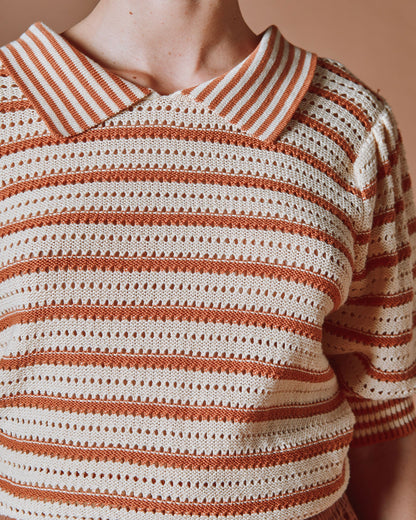 Emile et Ida | Striped Crocheted Organic Cotton Polo - Cinnamon Brown
