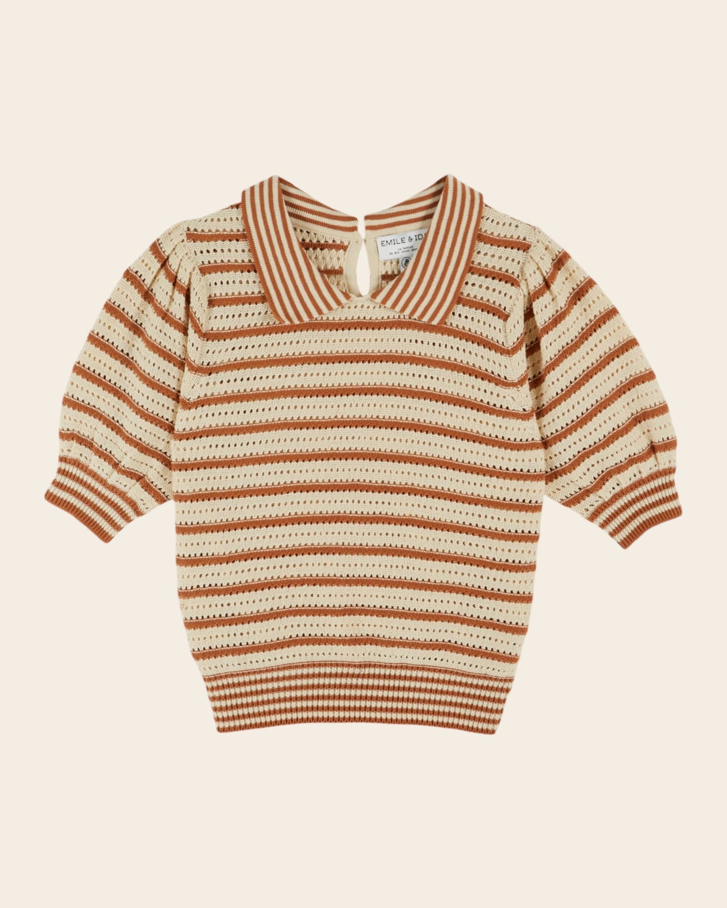 Emile et Ida | Striped Crocheted Organic Cotton Polo - Cinnamon Brown