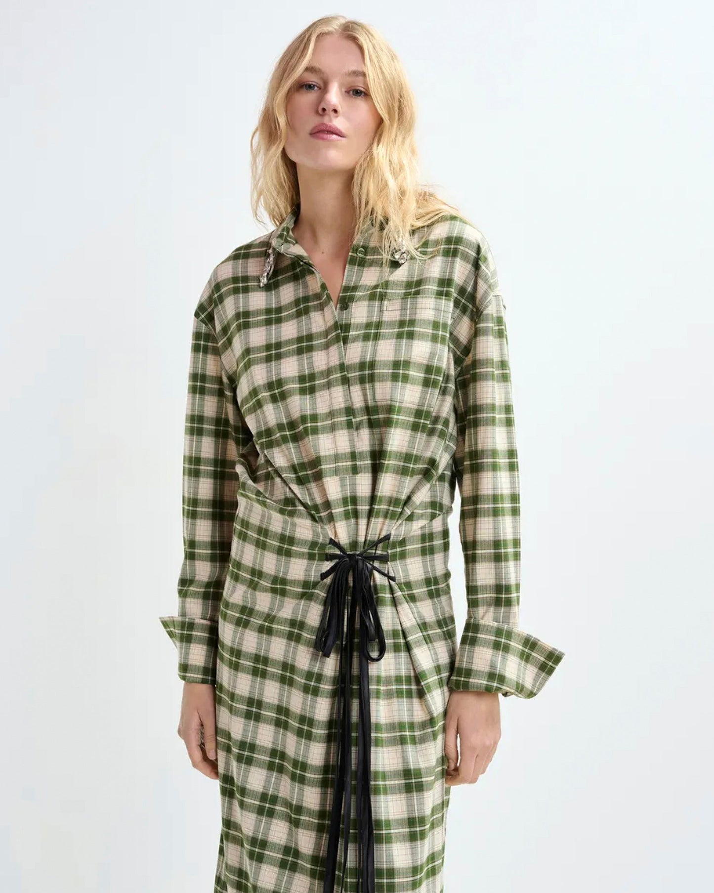 Essentiel Antwerp | Jid Oversized Checked Maxi Dress with Rhinestone Collar Off-White