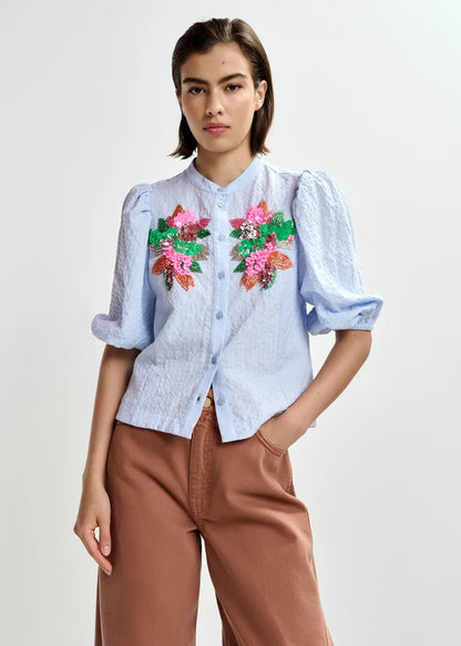 Essentiel Antwerp | Jaiden Embellished Poplin Shirt - Mint Leaf Nile-Blue