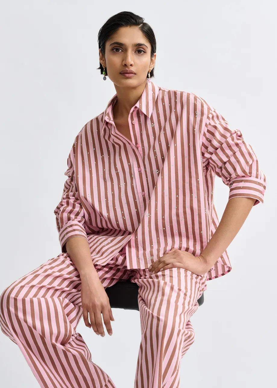 Essentiel Antwerp | Button-Down Blouse with Rhinestone Accents - Mint Young-Rose