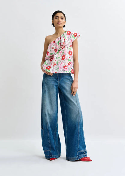 Essentiel Antwerp | Jiland One-Shoulder Ruffle Blouse - Multicolor Cotton-Andy