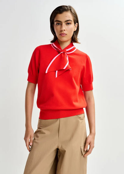 Essentiel Antwerp | Scarf-Collar Fine-Knit Polo in Burnt Orange-Brulee