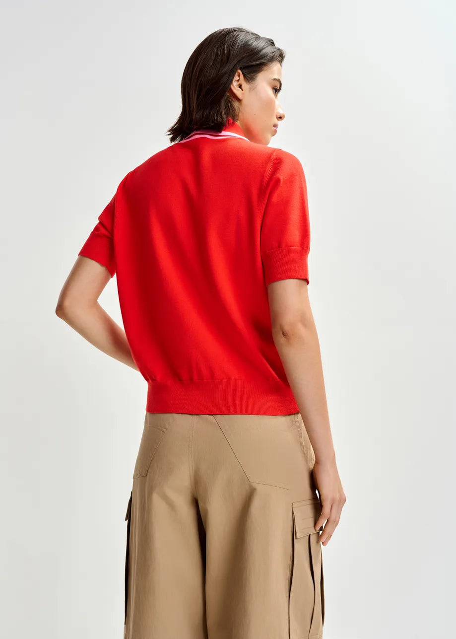 Essentiel Antwerp | Scarf-Collar Fine-Knit Polo in Burnt Orange-Brulee