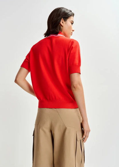 Essentiel Antwerp | Scarf-Collar Fine-Knit Polo in Burnt Orange-Brulee