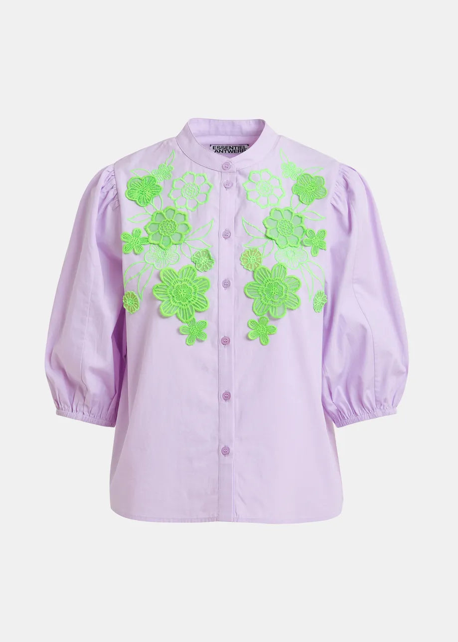 Essentiel Antwerp | Embroidered Cotton Poplin Blouse - Mint Leaf Baby-Grape