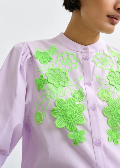 Essentiel Antwerp | Embroidered Cotton Poplin Blouse - Mint Leaf Baby-Grape