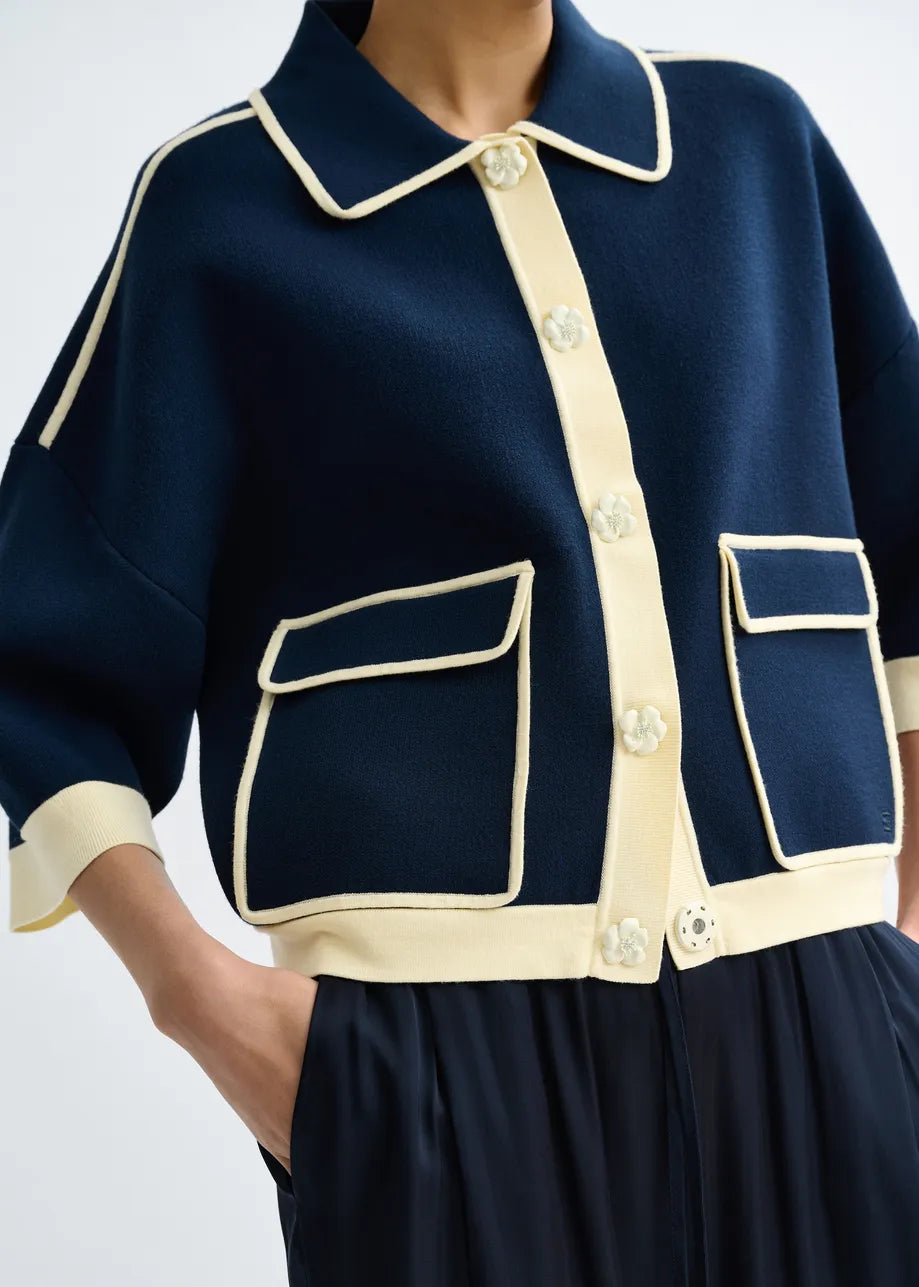 Essentiel Antwerp | Jugly Cardigan - Contrast Trim Knit Off-White