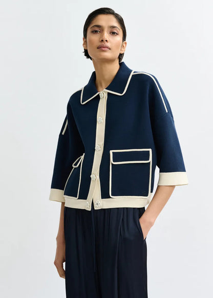 Essentiel Antwerp | Jugly Cardigan - Contrast Trim Knit Off-White