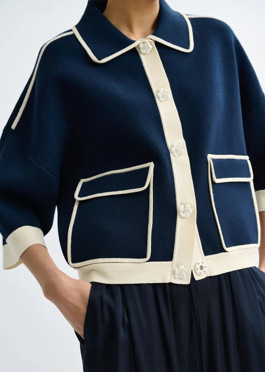 Essentiel Antwerp | Jugly Cardigan - Contrast Trim Knit Off-White