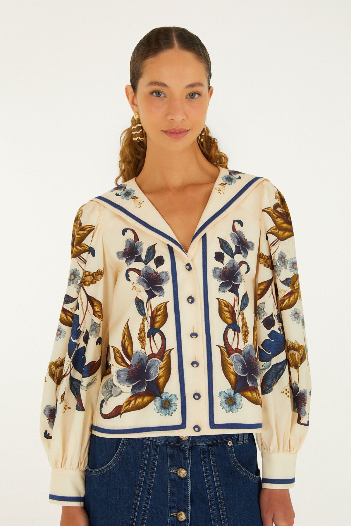 Farm Rio | Botanical Print Blouse - Puffed Sleeves Golden-Nature-Cream