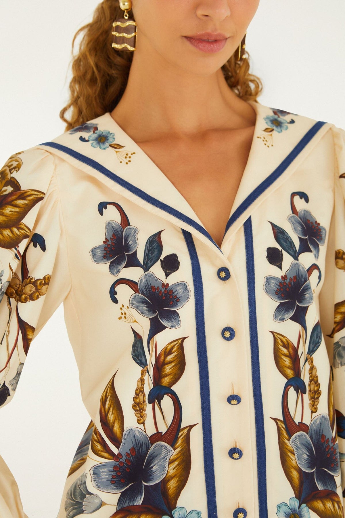 Farm Rio | Botanical Print Blouse - Puffed Sleeves Golden-Nature-Cream