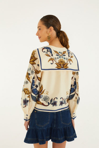 Farm Rio | Botanical Print Blouse - Puffed Sleeves Golden-Nature-Cream
