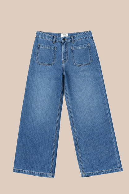 FIVE | Cropped Straight Jeans in Medium-Blue Denim