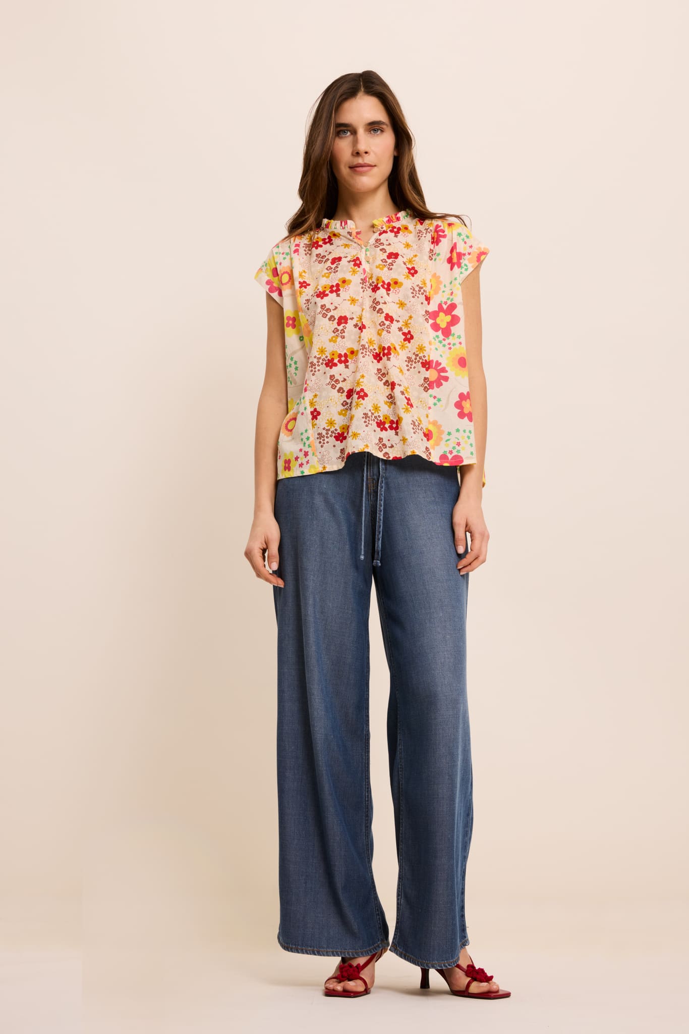 FIVE | Floral Blouse with Tunisian Collar - Dropped Sleeves