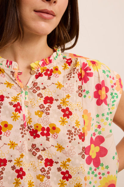 FIVE | Floral Blouse with Tunisian Collar - Dropped Sleeves