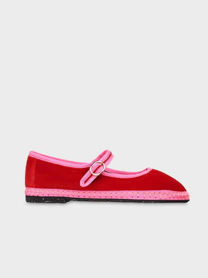 Flabelus | Ballerina Aurelie - Velvet Mary Jane with Pink Piping Red