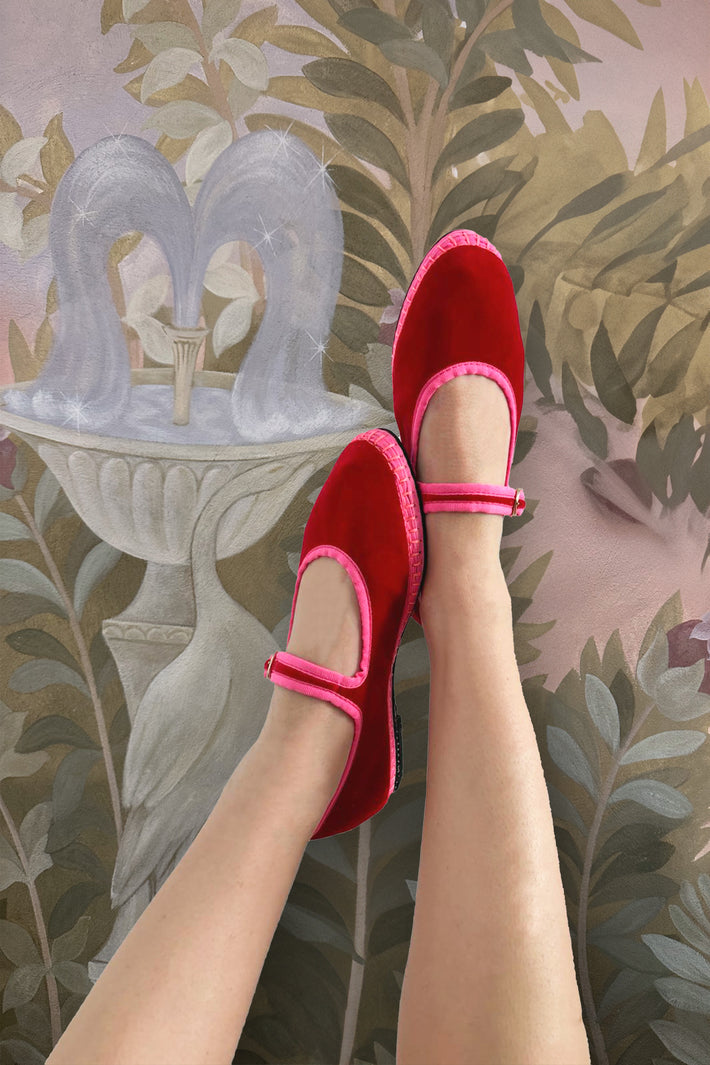 Flabelus | Ballerina Aurelie - Velvet Mary Jane with Pink Piping Red