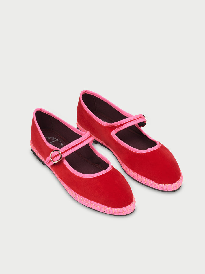 Flabelus | Ballerina Aurelie - Velvet Mary Jane with Pink Piping Red