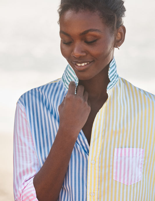 Frank and Eileen | Cotton Poplin Blouse - Mint Leaf Colorblock-Stripe
