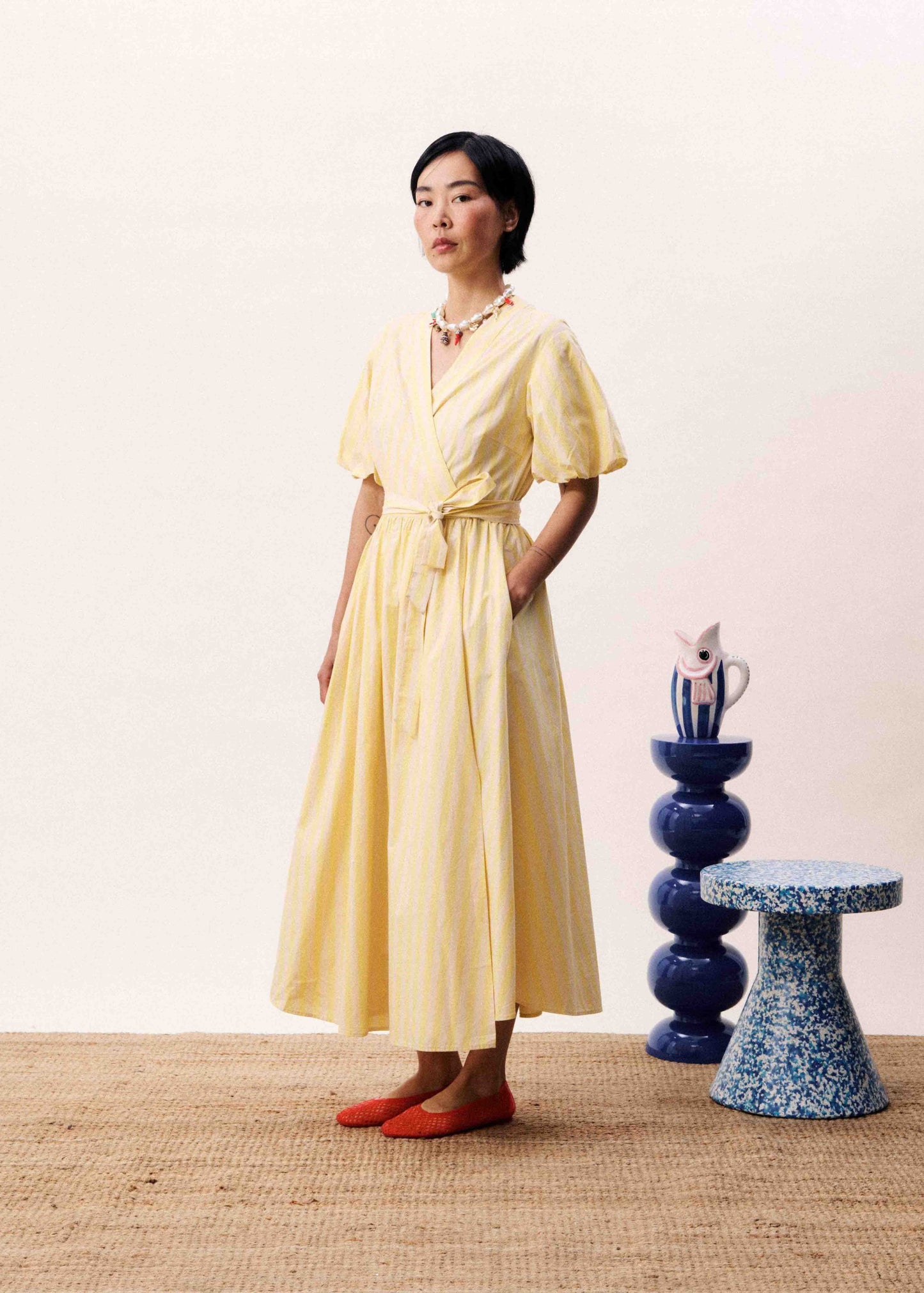 FRNCH | Queen Beurre Wrap Midi Dress - Yellow Stripe