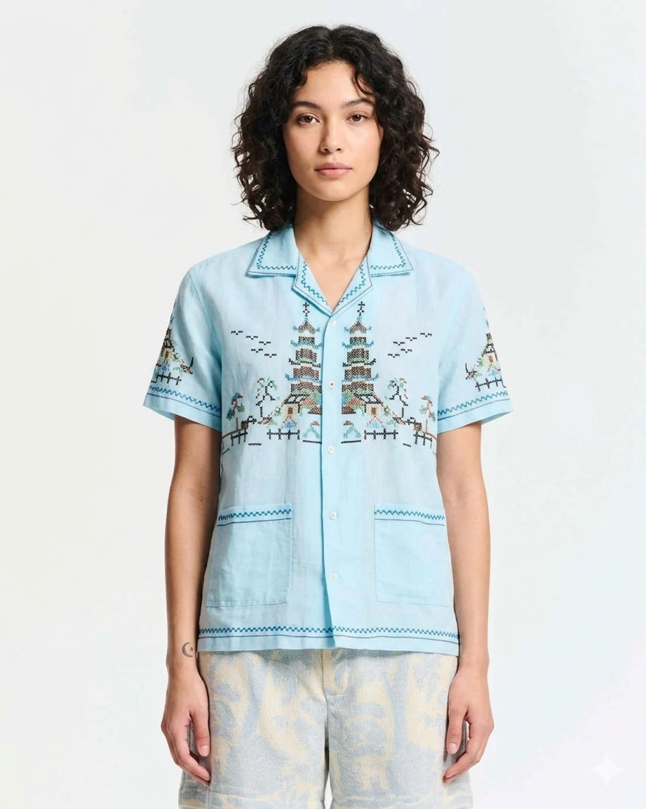 Baziszt | Embroidered Temple Landscape Button-Down Shirt - Light Sky Blue Light-Blue