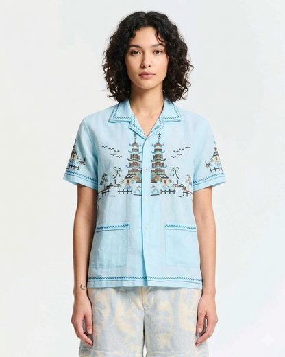 Baziszt | Embroidered Temple Landscape Button-Down Shirt - Light Sky Blue Light-Blue
