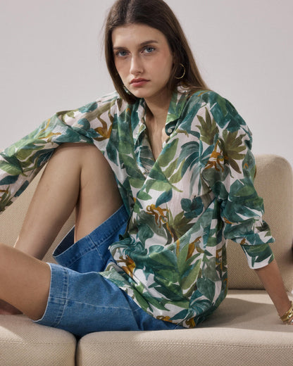 HARTFORD | Blouse Charlot - Dropped Armhole Shirt in Raw White & Green