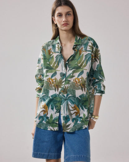 HARTFORD | Blouse Charlot - Dropped Armhole Shirt in Raw White & Green