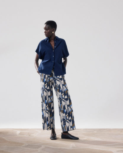 Hartford | Palerme Wide-Leg 7/8th Pant - Elastic Waist Natural-Blue-Khak 01-Natural-Blue-Khak