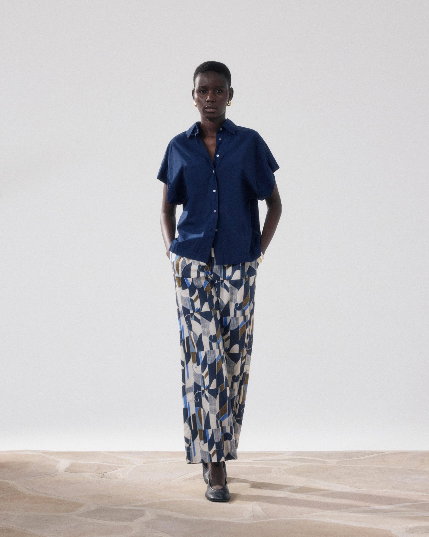 Hartford | Palerme Wide-Leg 7/8th Pant - Elastic Waist Natural-Blue-Khak 01-Natural-Blue-Khak