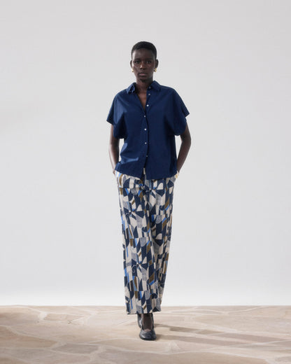 Hartford | Palerme Wide-Leg 7/8th Pant - Elastic Waist Natural-Blue-Khak 01-Natural-Blue-Khak