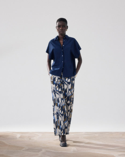 Hartford | Palerme Wide-Leg 7/8th Pant - Elastic Waist Natural Blue Khak