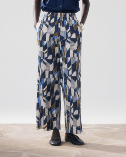 Hartford | Palerme Wide-Leg 7/8th Pant - Elastic Waist Natural-Blue-Khak 01-Natural-Blue-Khak