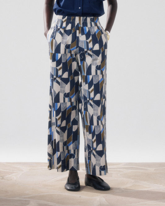 Hartford | Palerme Wide-Leg 7/8th Pant - Elastic Waist Natural Blue Khak