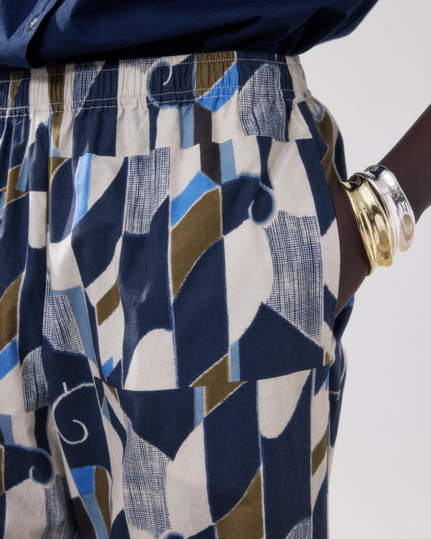 Hartford | Palerme Wide-Leg 7/8th Pant - Elastic Waist Natural-Blue-Khak 01-Natural-Blue-Khak