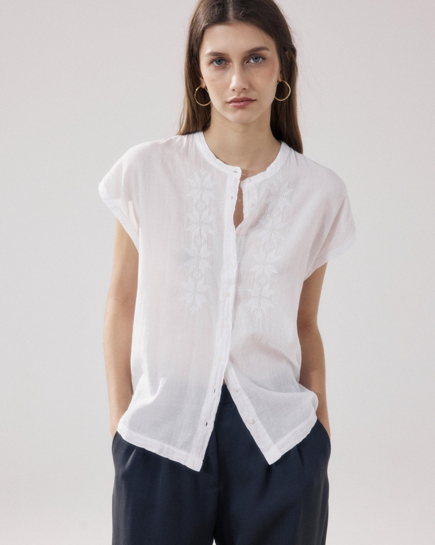 Women's Sleeveless Blouse - Cotton Bi-Fabric - White 01-White