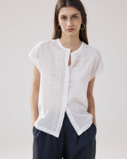 Women's Sleeveless Blouse - Cotton Bi-Fabric - White 01-White
