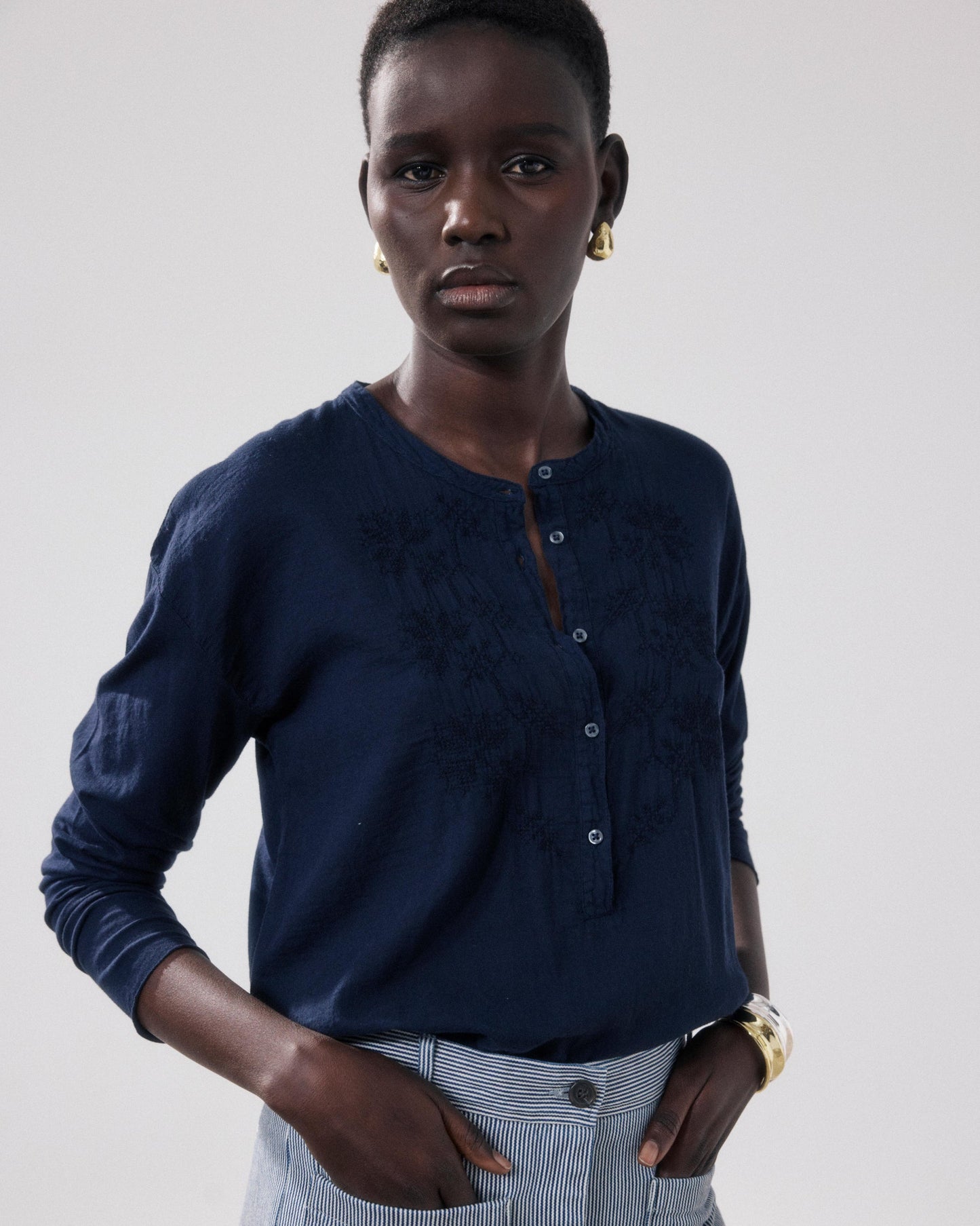 HARTFORD | Bi-Fabric Cotton Blouse with Half-Button Placket