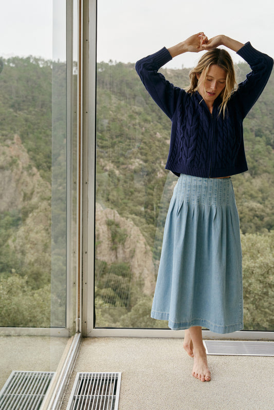 Pleated Denim Skirt Dd253 Super-Stone